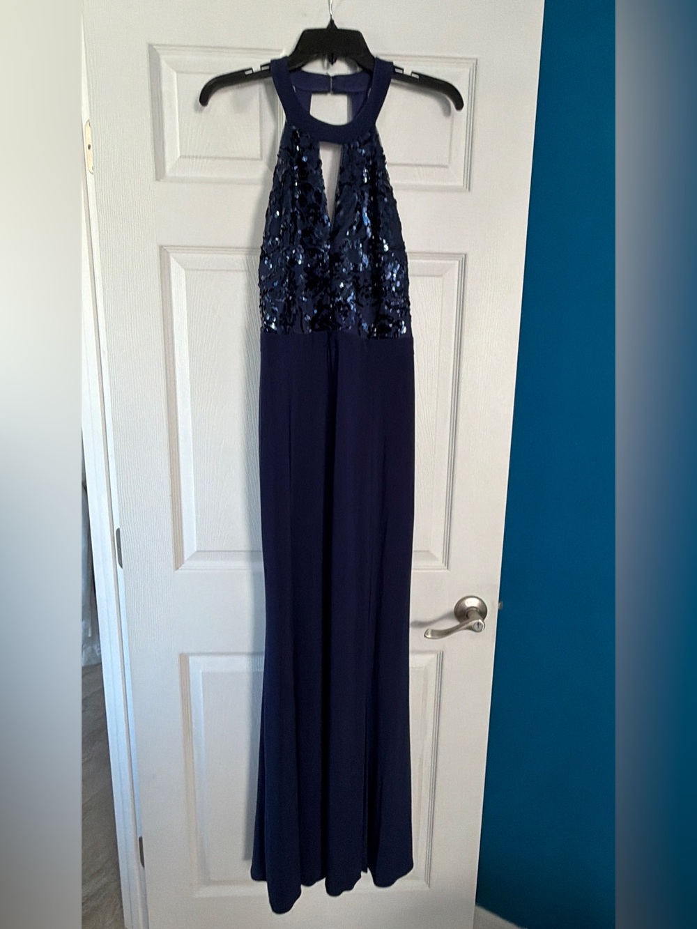 Morgan & Co. Navy Sequin Halter Gown